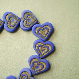 雾面蓝描金复古~双层爱心捷克珠玻璃琉璃 14x16mm