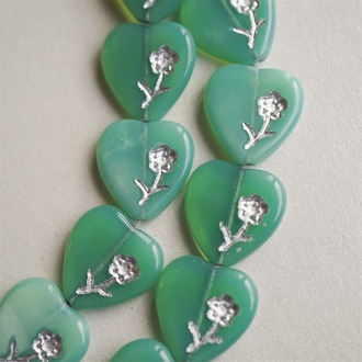 深蛋白绿描银色可爱小花爱心捷克珠玻璃琉璃珠 15MM