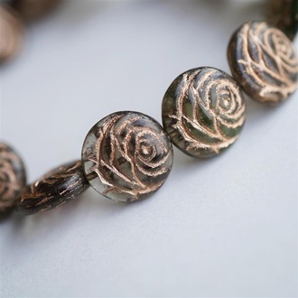 深透灰mix描玫瑰金浮雕玫瑰扁圆捷克珠玻璃琉璃 17MM