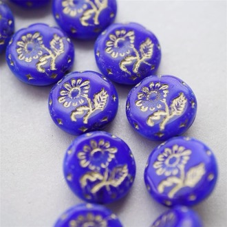 克莱因蓝描金~捷克玻璃琉璃花朵镶花边扁圆古董珠 18MM