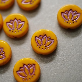 亮橘色光面描粉古风莲花扁圆珠捷克珠琉璃玻璃 14MM