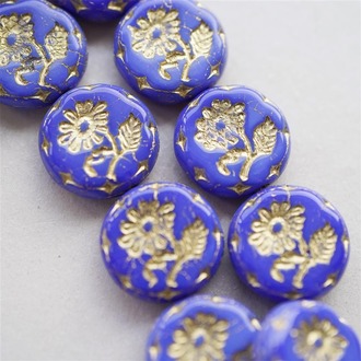 普鲁士蓝描金~捷克玻璃琉璃花朵镶花边扁圆古董珠 18MM