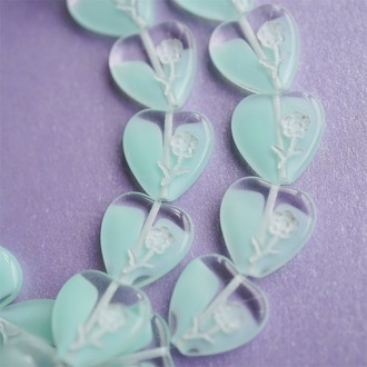 薄荷绿夹心描白色可爱小花爱心捷克珠玻璃琉璃珠 15MM