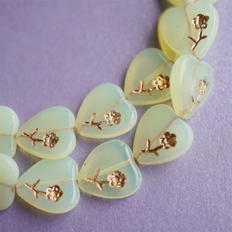 蛋白浅黄色描金色可爱小花爱心捷克珠玻璃琉璃珠 15MM