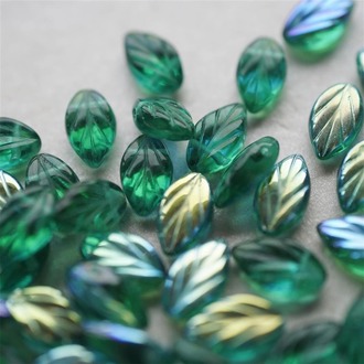 亮面祖母绿幻彩树叶侧孔捷克珠玻璃琉璃 11X7MM