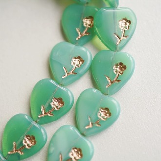 深蛋白绿描玫瑰金可爱小花爱心捷克珠玻璃琉璃珠 15MM
