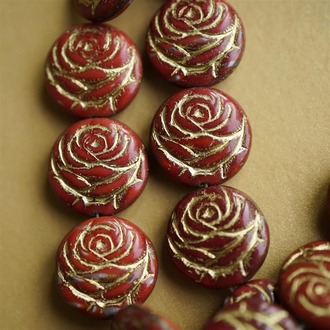 复古棕红描金mix浮雕玫瑰扁圆捷克珠玻璃琉璃 17MM