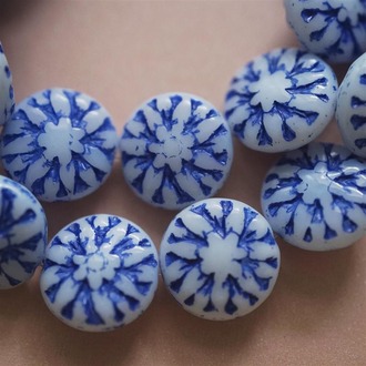 白底彩绘蓝大丽花捷克珠玻璃琉璃珠 15MM