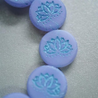 浅浅香芋紫彩绘蓝古风莲花扁圆珠捷克珠琉璃玻璃饰品配件 18MM