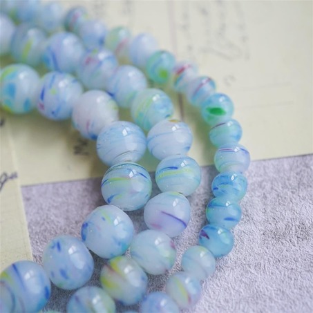 春天蓝绿水彩画点彩超可爱圆珠~日本制手工琉璃玻璃古董珠