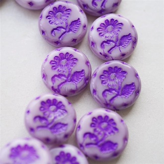 彩绘紫色系~捷克玻璃琉璃花朵镶花边扁圆古董珠 18MM