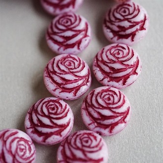 白色彩绘红色浮雕玫瑰扁圆捷克珠玻璃琉璃 17MM