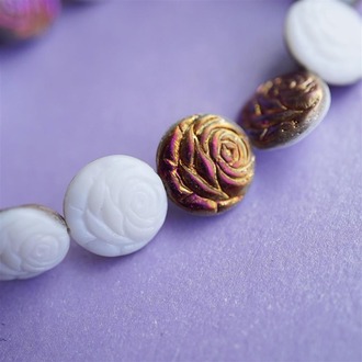 纯白撞色金属彩~浮雕玫瑰扁圆捷克珠玻璃琉璃 17MM