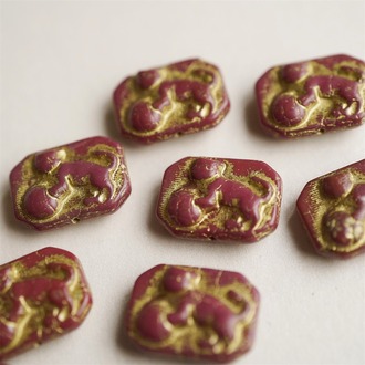 深红色描金~高定立体猫咪抱球长方形捷克珠玻璃琉璃串珠 22X16MM