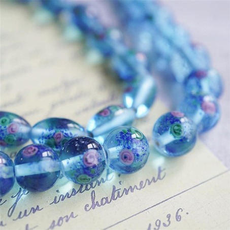 海洋蓝透明感小花圆珠椭圆~日本古董手工琉璃玻璃-2