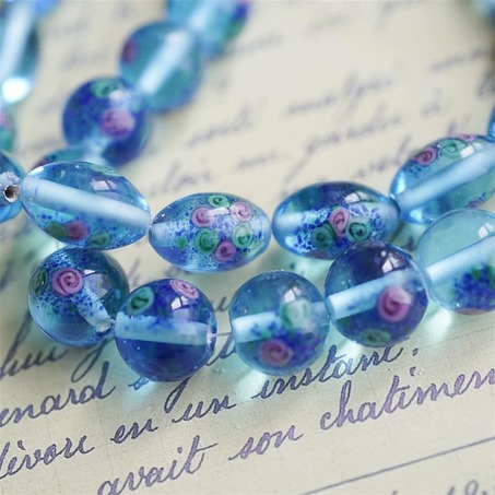 海洋蓝透明感小花圆珠椭圆~日本古董手工琉璃玻璃-4