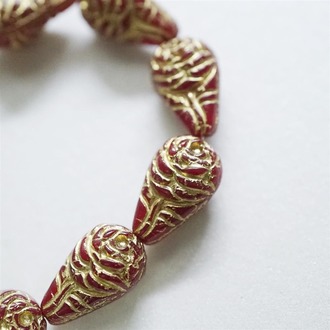 深红描金复古浮雕整朵玫瑰珠捷克珠玻璃琉璃 20X12MM