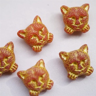 MIX红色彩绘黄小猫托腮猫咪进口高定捷克珠玻璃琉璃 17MM