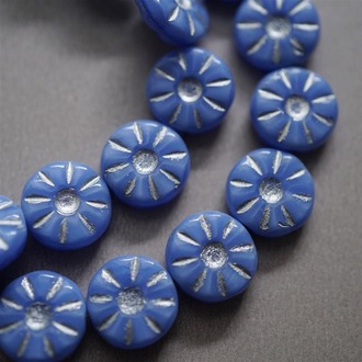 海蓝描银太阳花扁圆珠捷克珠玻璃琉璃 12MM