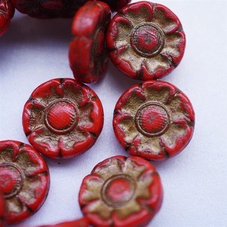 复古红色描古铜扁圆夸张芙蓉花珠捷克玻璃琉璃珠 22MM