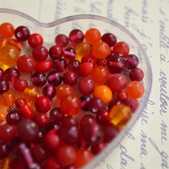 浆果深红橘系mix手造小圆珠椭圆珠~日本制手工琉璃玻璃珠樱桃牌古董珠