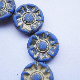 复古蓝做旧描金扁圆夸张芙蓉花珠捷克玻璃琉璃珠 22MM