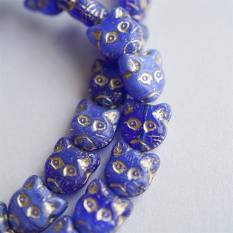 克莱因蓝描金趣味猫咪直孔捷克珠琉璃玻璃 13X12MM