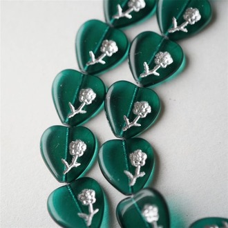森林沼泽绿~描银色小花爱心捷克珠玻璃琉璃珠 15mm