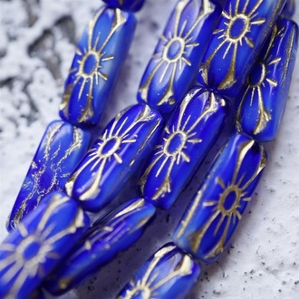 宝蓝渐变白长方形花型描金捷克珠玻璃琉璃 20X8MM