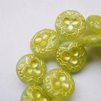 清透条纹绿浮雕黄高定三瓣花扁圆捷克珠琉璃玻璃 18MM
