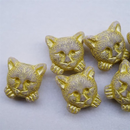 米色彩绘黄可爱小猫托腮猫咪进口高定捷克珠玻璃琉璃 17MM