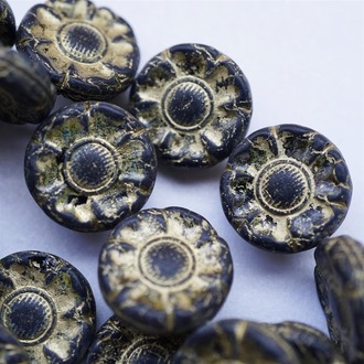 黑色描金做旧扁圆夸张芙蓉花珠捷克玻璃琉璃珠 22MM