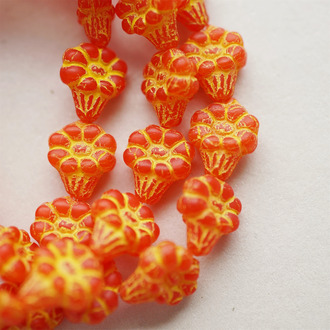 橘红色描黄 鲜亮~小野花喇叭花捷克珠玻璃琉璃 13X10MM