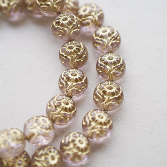 透水粉色描金~超精致绝美双面古风花朵捷克珠玻璃琉璃 10MM