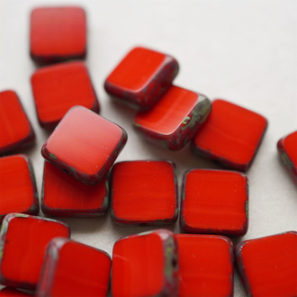 超正红色做旧边边~方块捷克珠玻璃琉璃珠 10MM