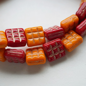 红橘色调mix描金~华夫格九宫格方块捷克珠玻璃珠琉璃珠 13MM