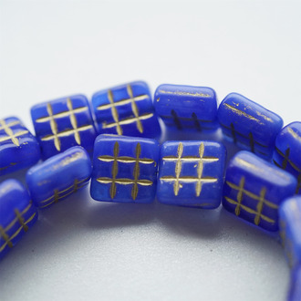 mix克莱因蓝描金色~华夫格九宫格方块捷克珠玻璃珠琉璃珠 13MM