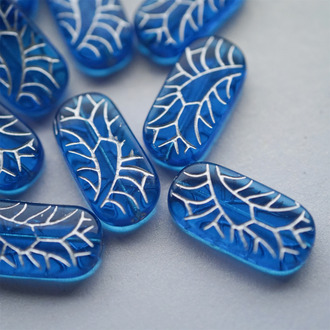 透钴蓝描银色~古风纹样捷克珠玻璃琉璃珠椭圆夸张款 25X12MM