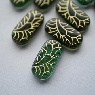 透墨绿mix描金~古风纹样捷克珠玻璃琉璃珠椭圆夸张款 25X12MM