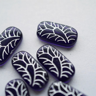 复古深蓝紫描银色~古风纹样捷克珠玻璃琉璃珠椭圆夸张款 25X12MM