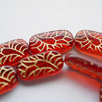 透宝石红描金~古风纹样捷克珠玻璃琉璃珠椭圆夸张款 25X12MM