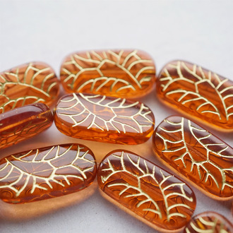 透橘色描金~古风纹样捷克珠玻璃琉璃珠椭圆夸张款 25X12MM