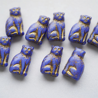 复古宝蓝亮面描金~迷你可爱小猫咪捷克珠玻璃琉璃珠 15X10MM