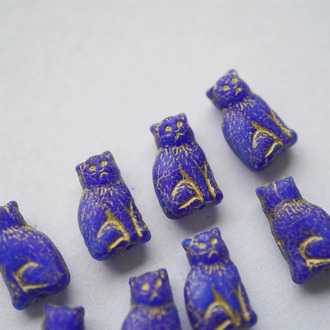 复古宝蓝雾面描金~迷你可爱小猫咪捷克珠玻璃琉璃珠 15X10MM