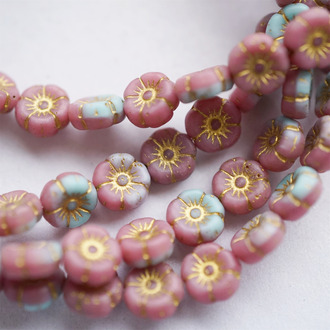 粉蓝色调描金mix~可爱常规夏威夷花朵捷克珠玻璃琉璃珠花花 8MM
