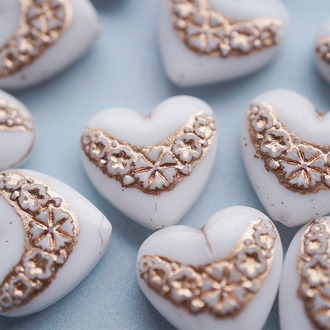 纯白色描玫瑰金~复古花边纹样高定捷克古董珠爱心玻璃琉璃珠 19X20MM