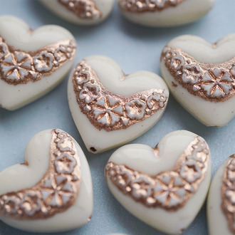 奶油白描玫瑰金~复古花边纹样高定捷克古董珠爱心玻璃琉璃珠 19X20MM