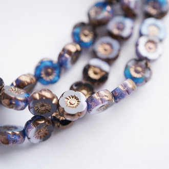深蓝调渐变白mix镀亮光边~可爱常规夏威夷花朵捷克珠玻璃琉璃珠花花 8MM