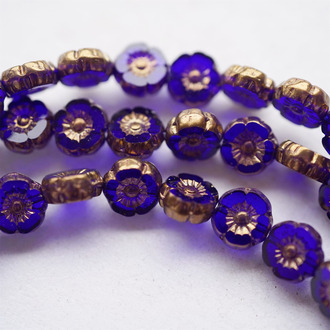 暗夜蓝镀金属边~可爱常规夏威夷花朵捷克珠玻璃琉璃珠花花 8MM