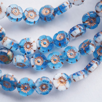 雪山浅蓝白色描玫瑰金~可爱常规夏威夷花朵捷克珠玻璃琉璃珠花花 8MM
